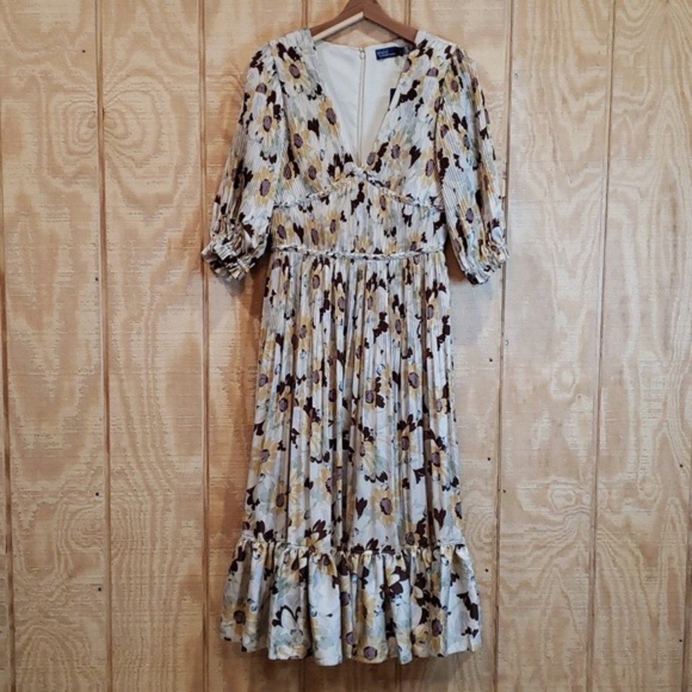 Polo Ralph Lauren NWT Floral Print Pleated Satin V-neck Dress Size 6